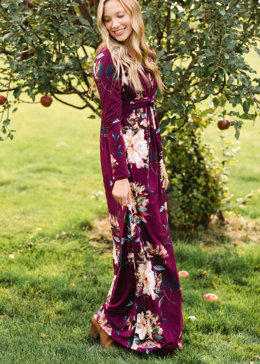 Burgandy Twist Front Floral Maxi Dress - FINAL SALE