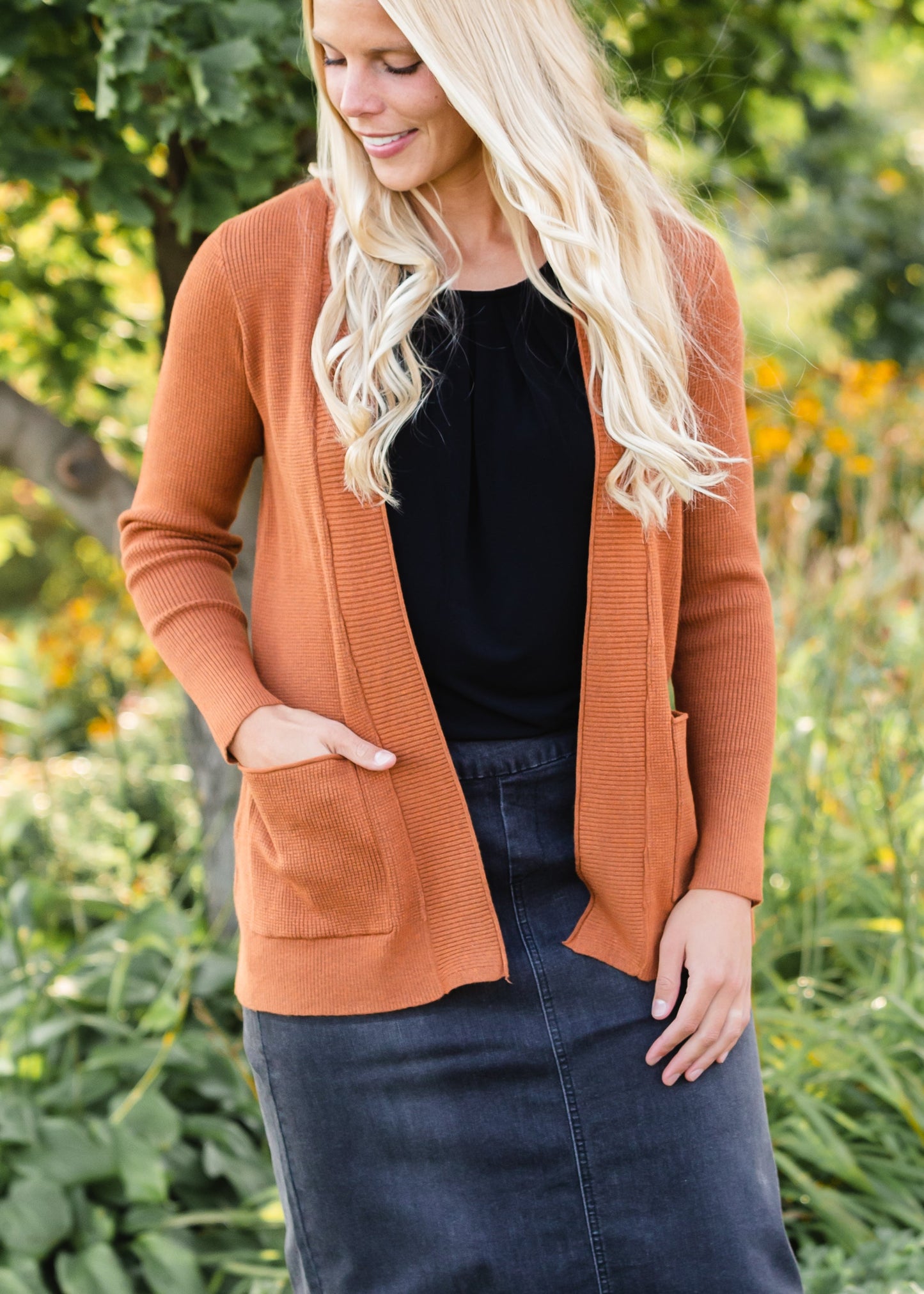 Camel Open Front Waffle Long Sleeve Cardigan