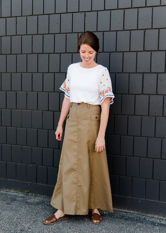 Comfy A-Line Long Khaki Skirt