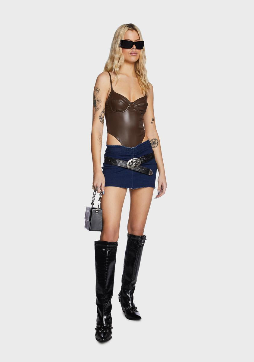 V Cut Low Rise Denim Mini Skirt