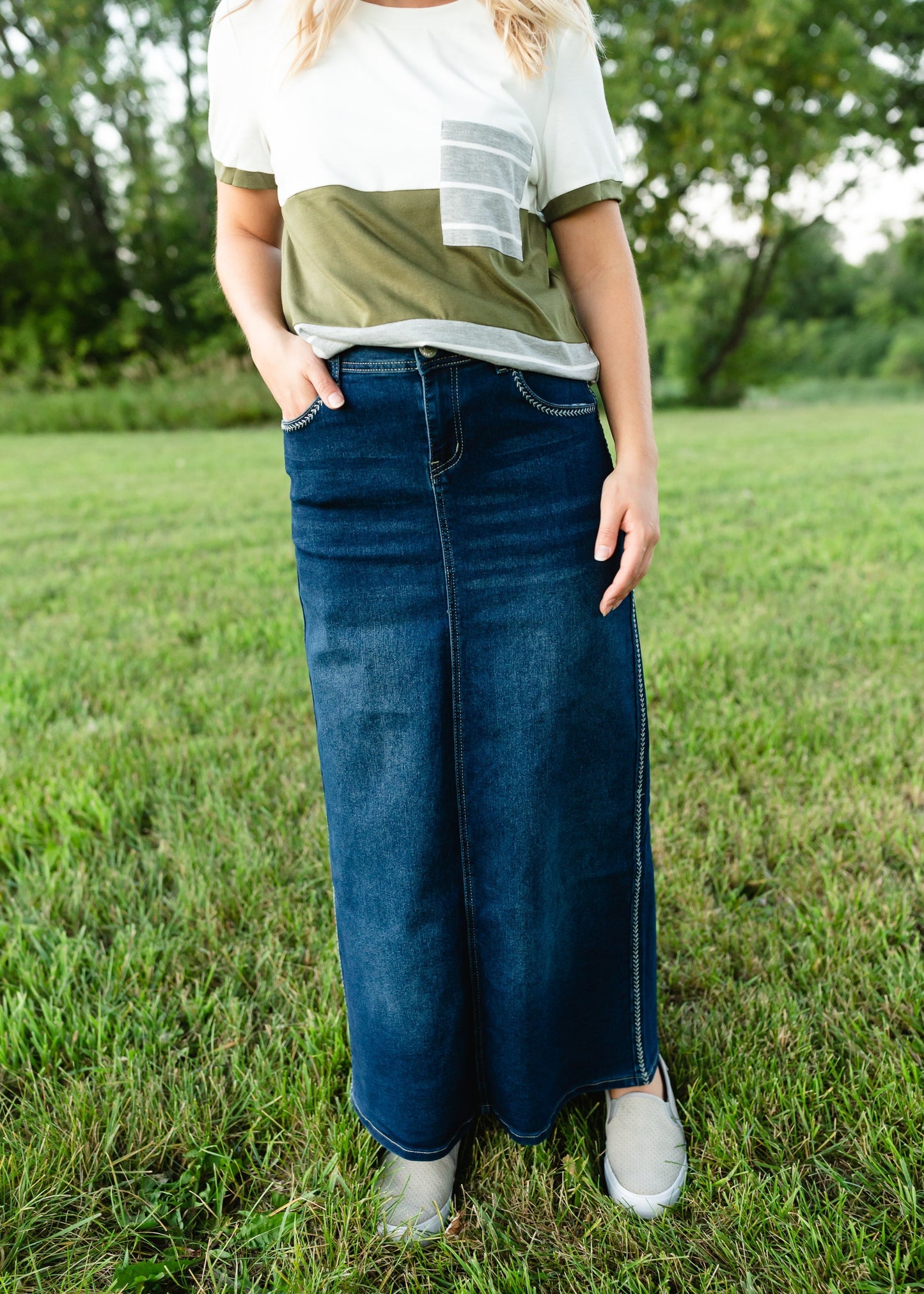 Fly Stitch Detail Long Denim Skirt