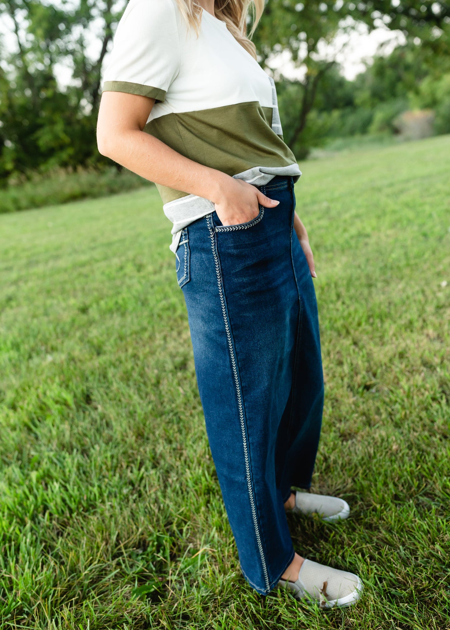 Fly Stitch Detail Long Denim Skirt