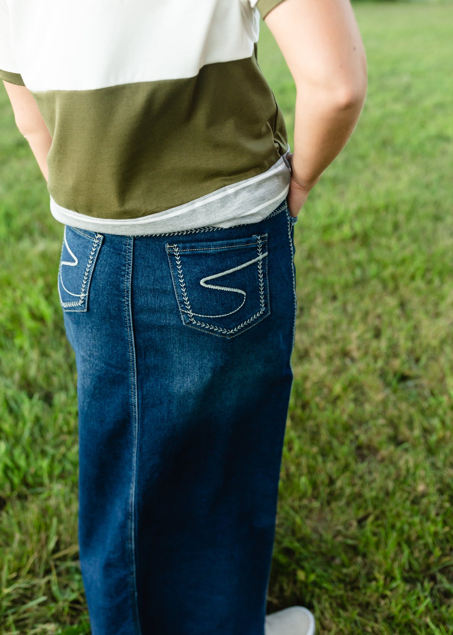 Fly Stitch Detail Long Denim Skirt
