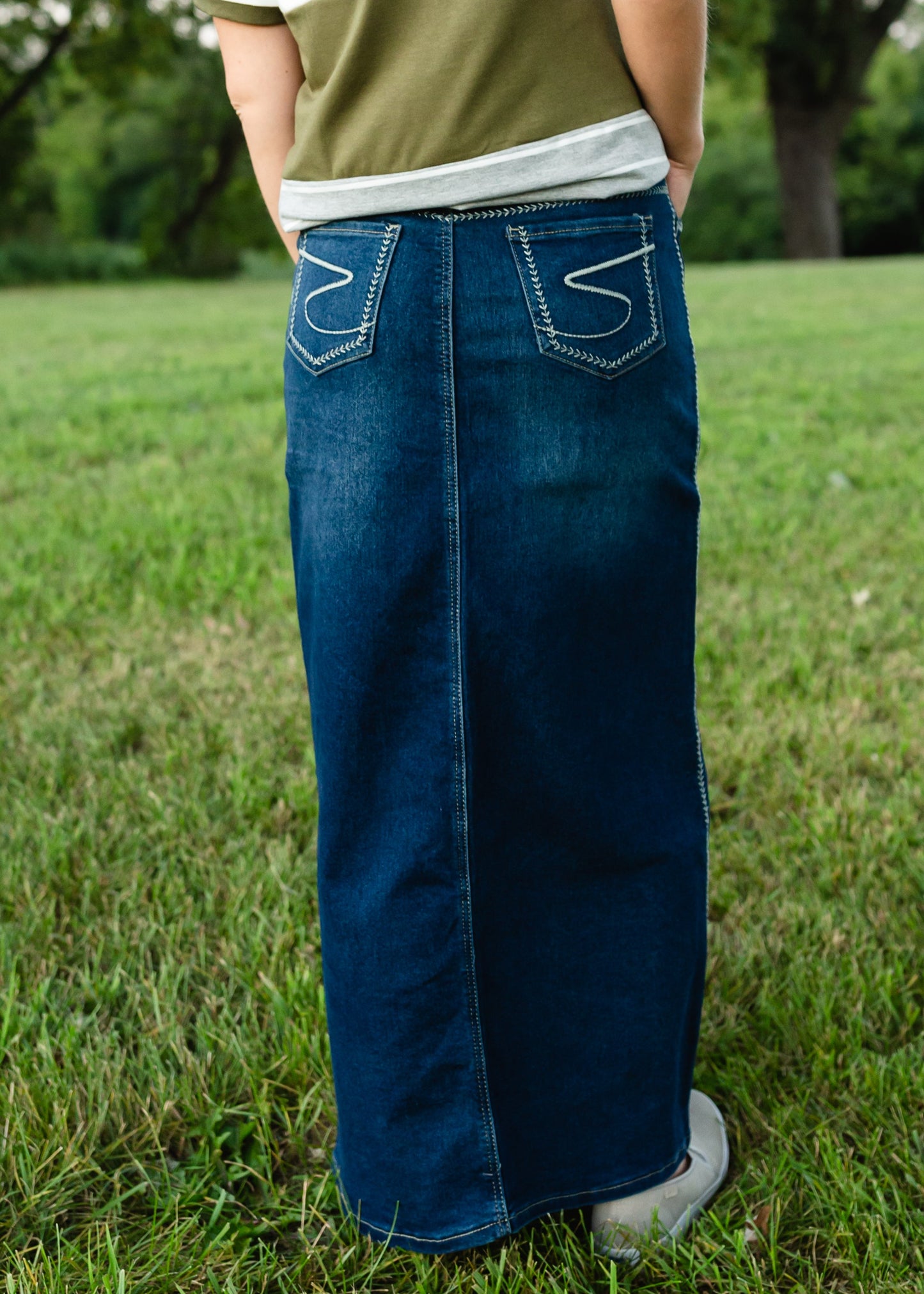 Fly Stitch Detail Long Denim Skirt
