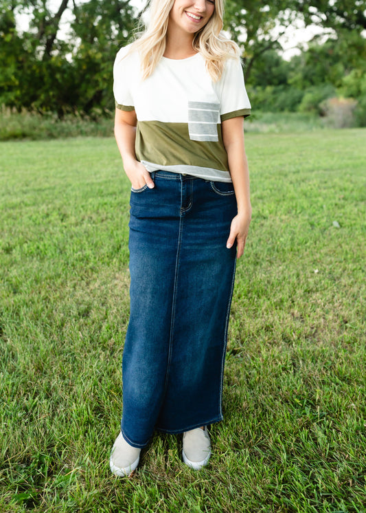 Fly Stitch Detail Long Denim Skirt