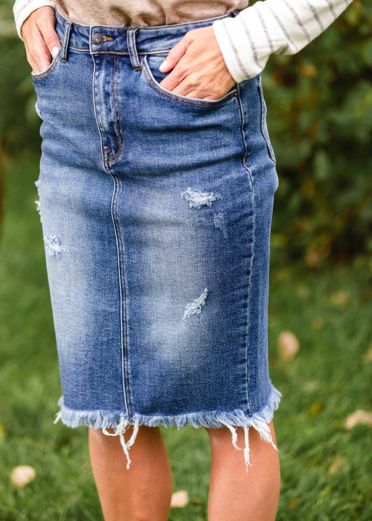 Frayed Hem Dark Denim Midi Skirt