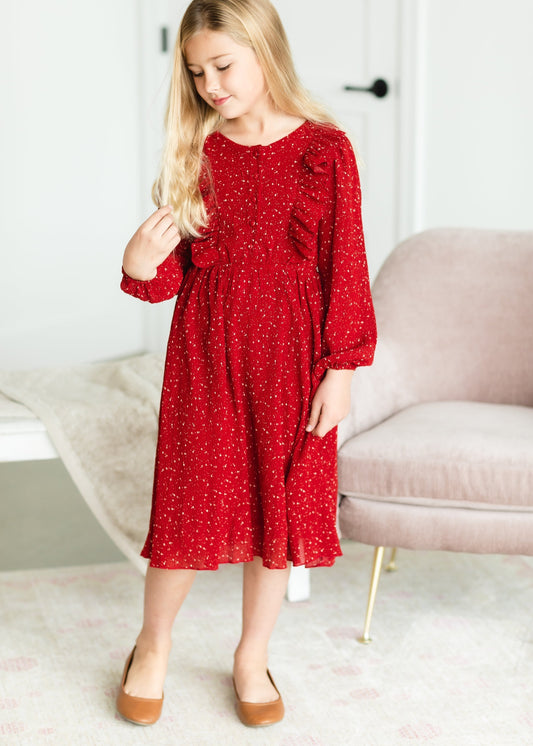 Girls Red Ruffle Front Midi Dress