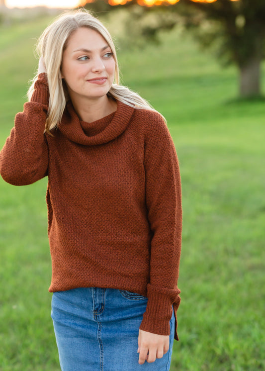 Rust Slouchy Cowl Neck Sweater