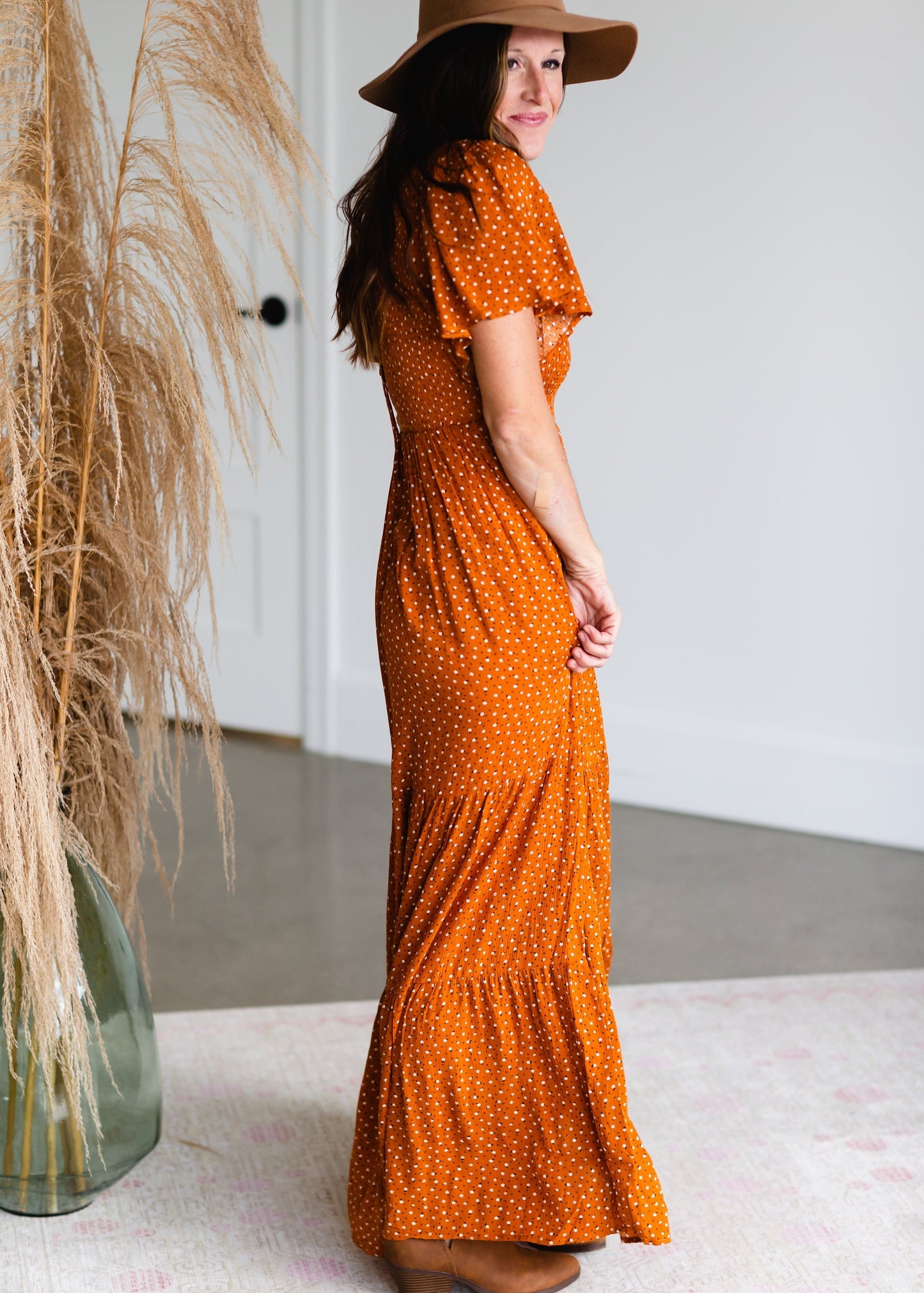 Rust Smocked Flutter Sleeve Floral Maxi Dress - FINAL SALE