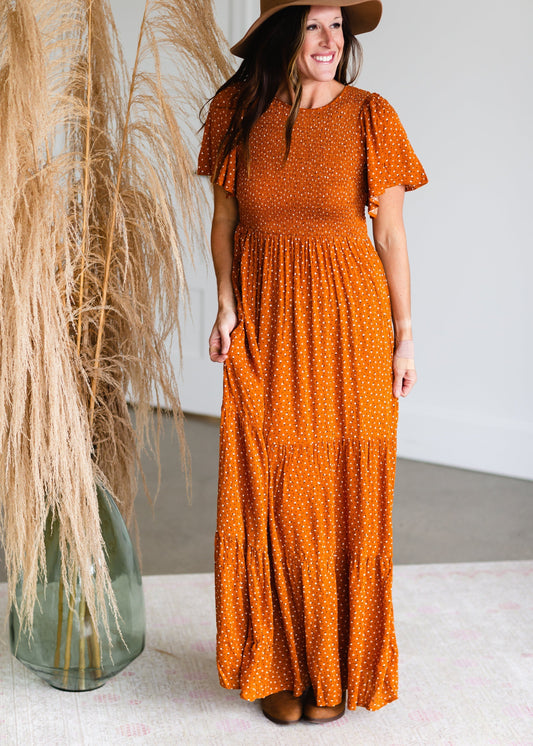 Rust Smocked Flutter Sleeve Floral Maxi Dress - FINAL SALE