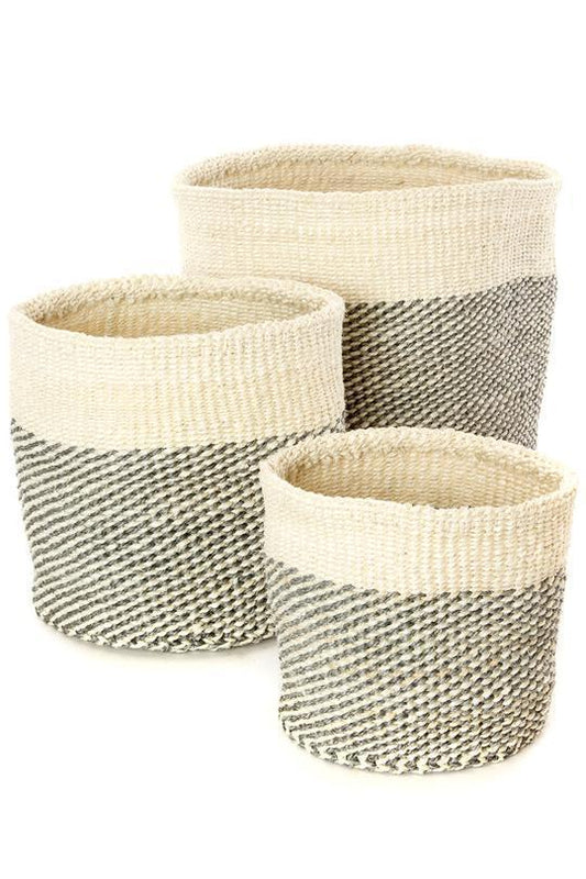 Set of Three Gray and Cream Twill Sisal African Nesting Baskets