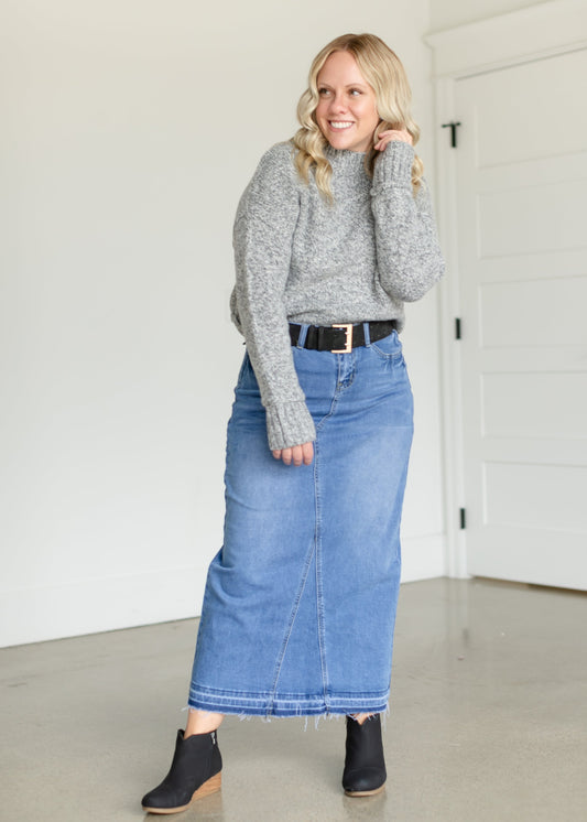 Stacy Raw Hem Long Denim Skirt