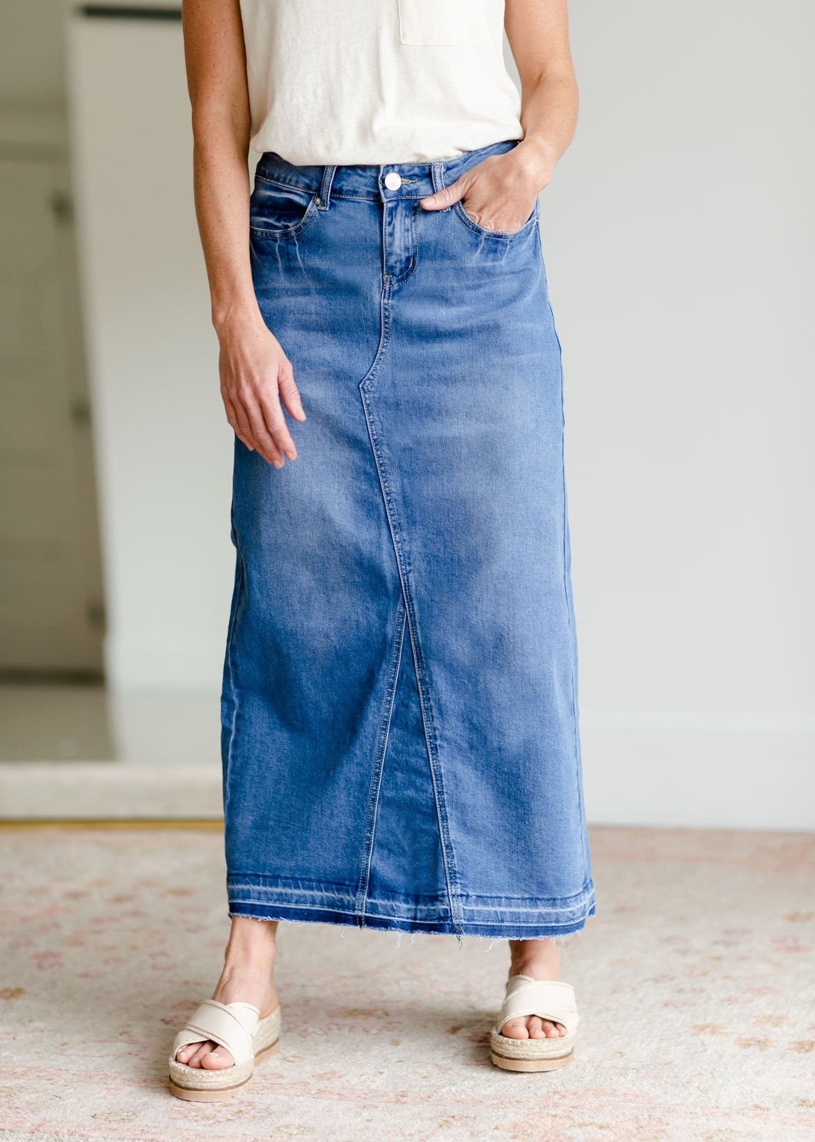 Stacy Raw Hem Long Denim Skirt