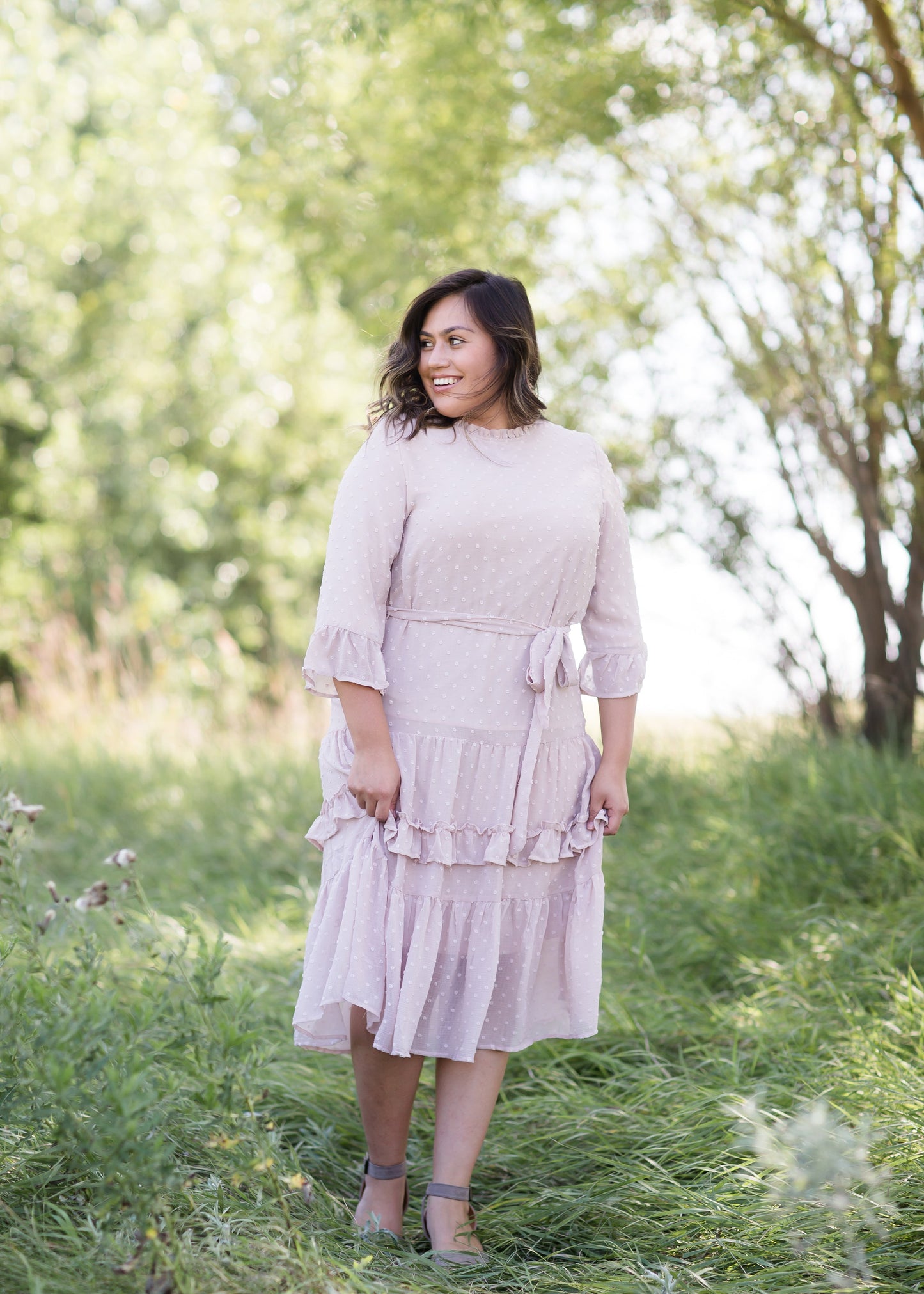Swiss Dot Embroidered Ruffle Midi Dress