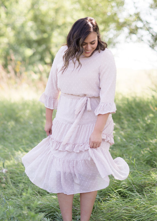 Swiss Dot Embroidered Ruffle Midi Dress