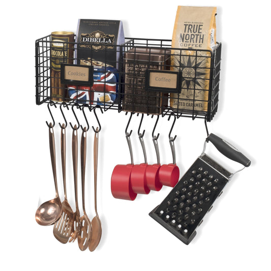 AMALFI Wire Fruit Basket, Kitchen Organization and Storage Rack with 10 Hooks for Hanging - 2 Sectional - Black